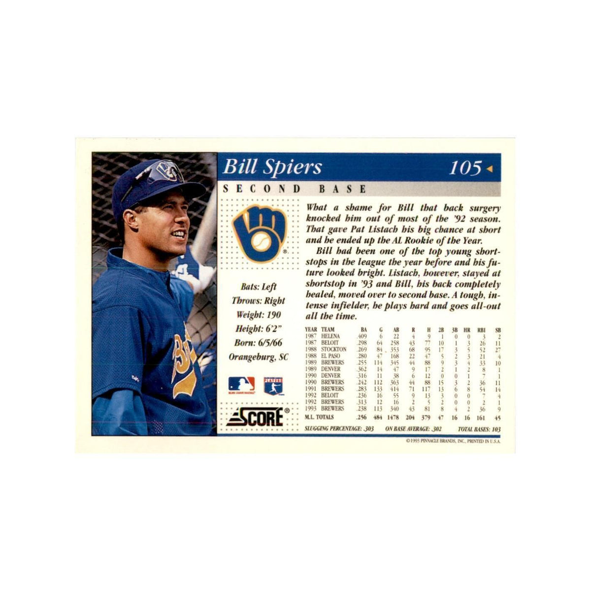 1994 Score Bill Spiers Baseball Cards #105