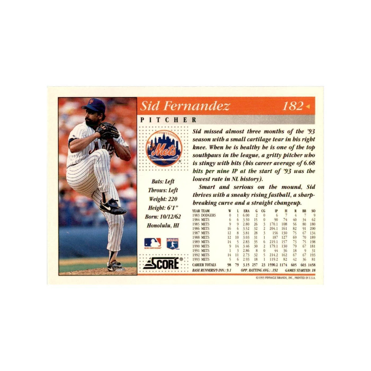 1994 Score Sid Fernandez Baseball Cards #182
