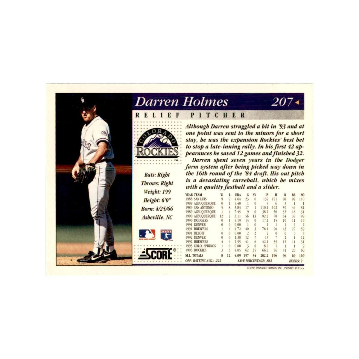 1994 Score Darren Holmes Baseball Cards #207