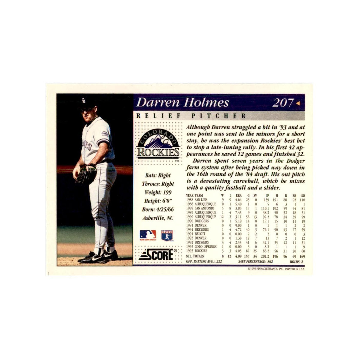 1994 Score Darren Holmes Baseball Cards #207