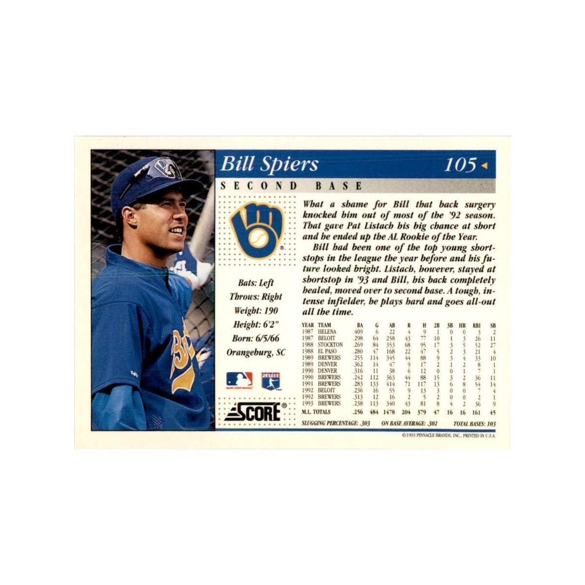 1994 Score Bill Spiers Baseball Cards #105