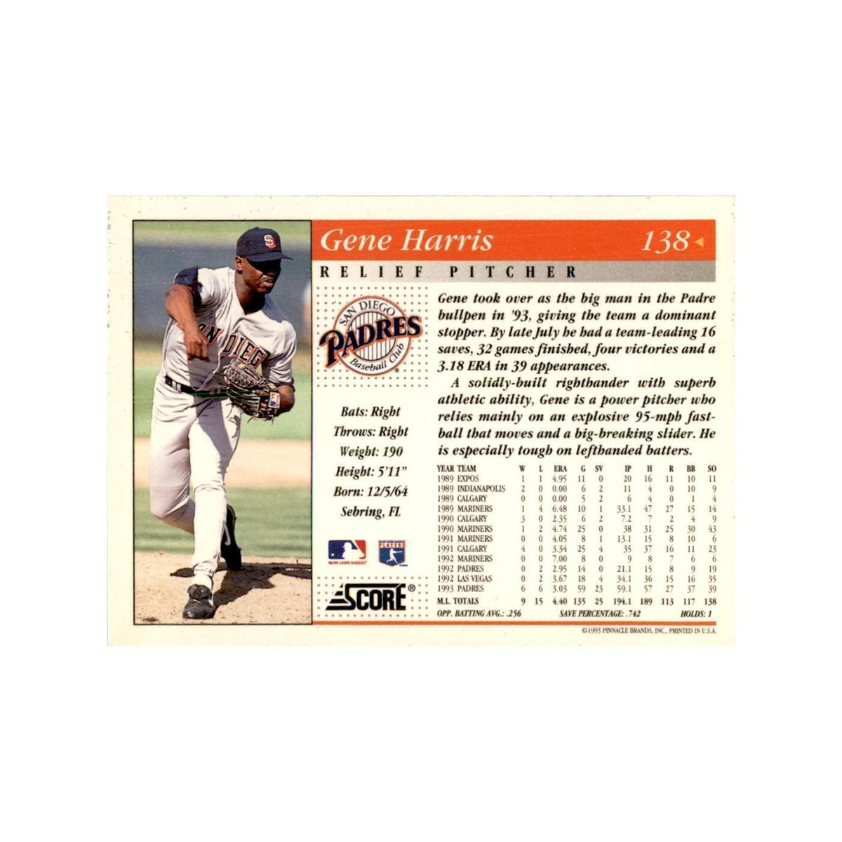 1994 Score Gene Harris Baseball Cards #138