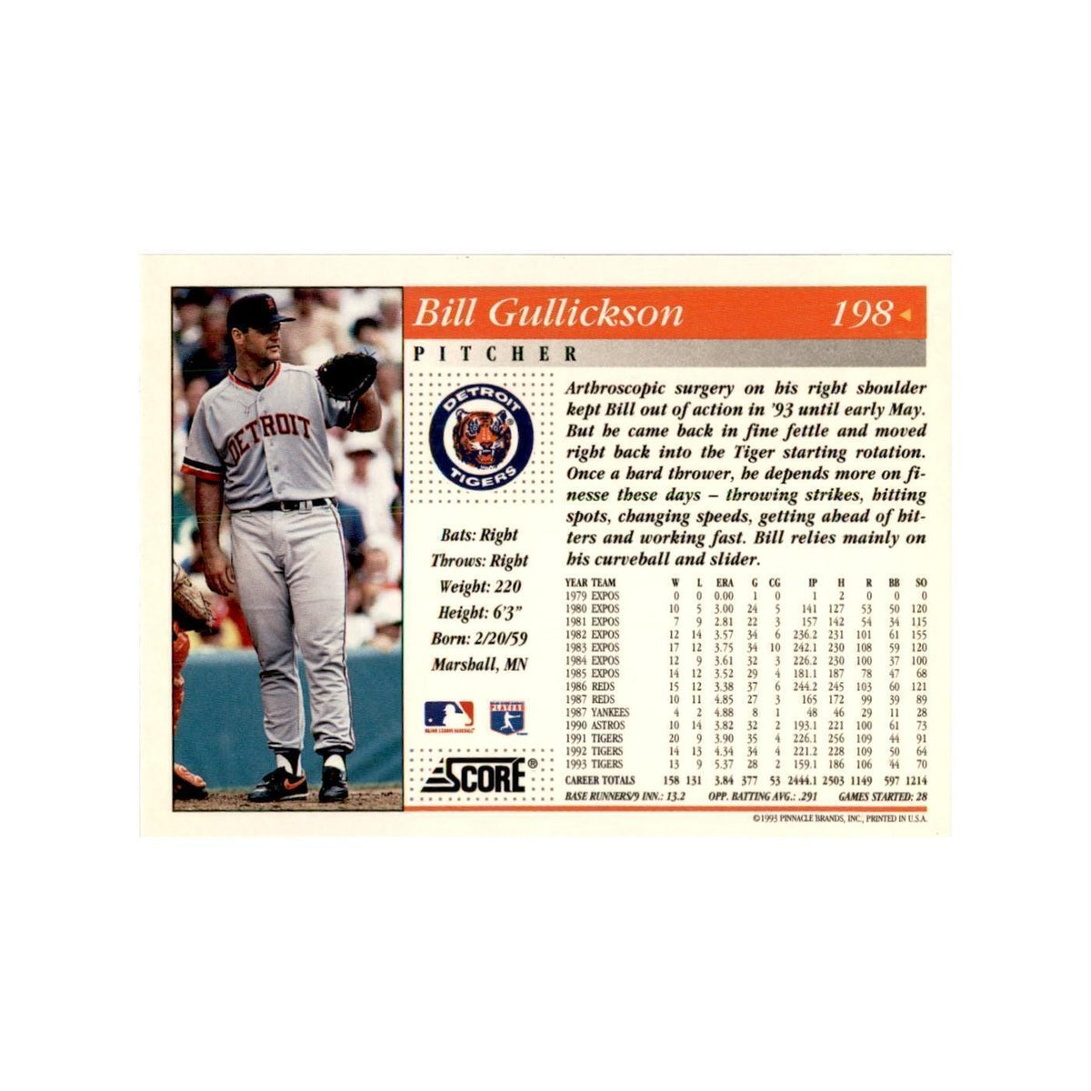 1994 Score Bill Gullickson Baseball Cards #198
