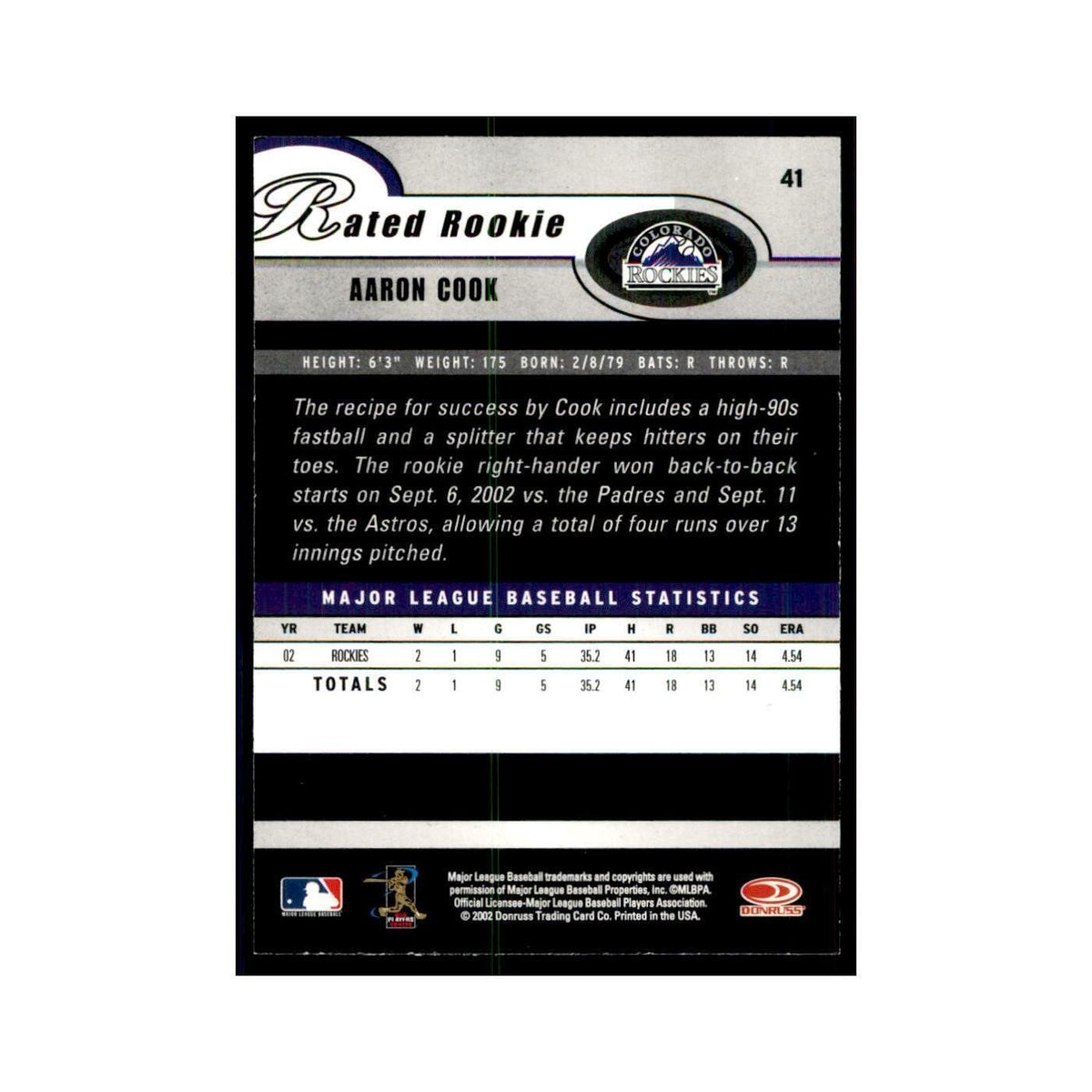 2003 Donruss Aaron Cook RC Rockies #41