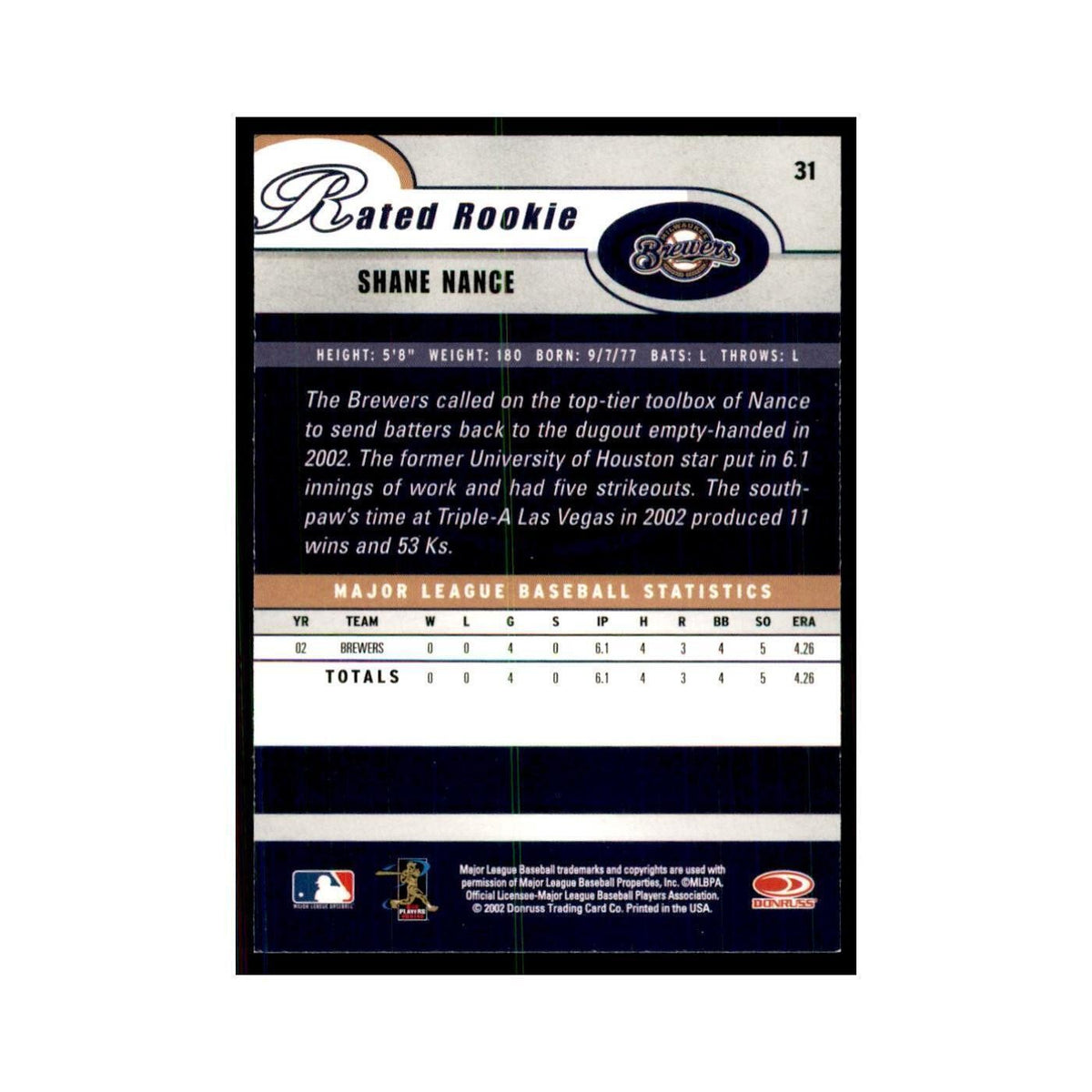 2003 Donruss Shane Nance RC Brewers #31