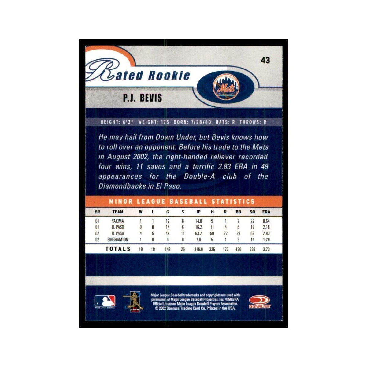 2003 Donruss P.J. Bevis RC Mets #43