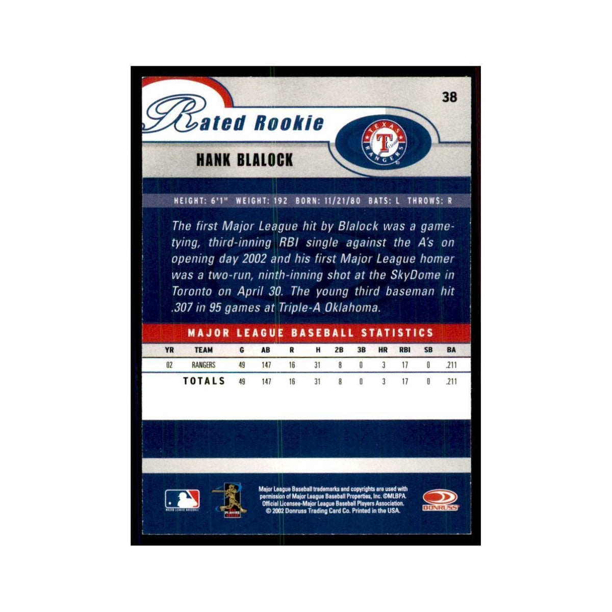 2003 Donruss Hank Blalock RC Rangers #38