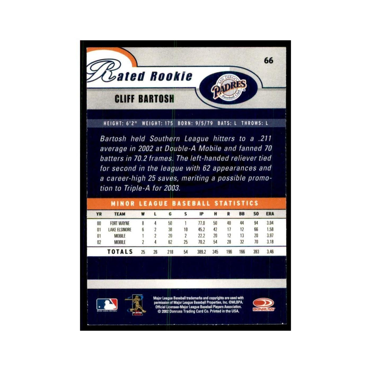 2003 Donruss Cliff Bartosh RC Padres #66