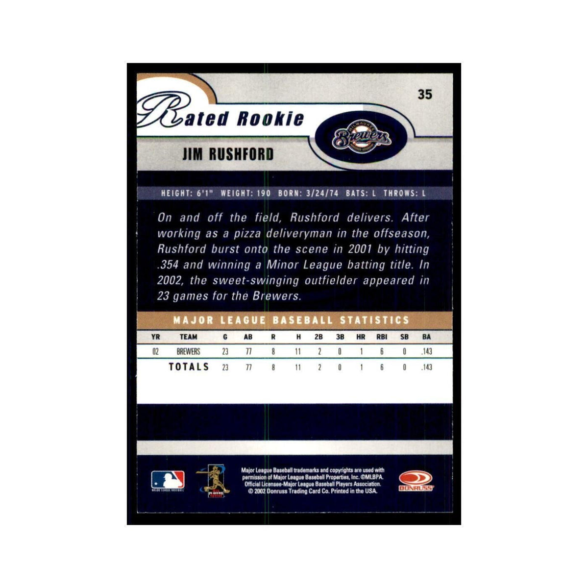2003 Donruss Jim Rushford RC Brewers #35