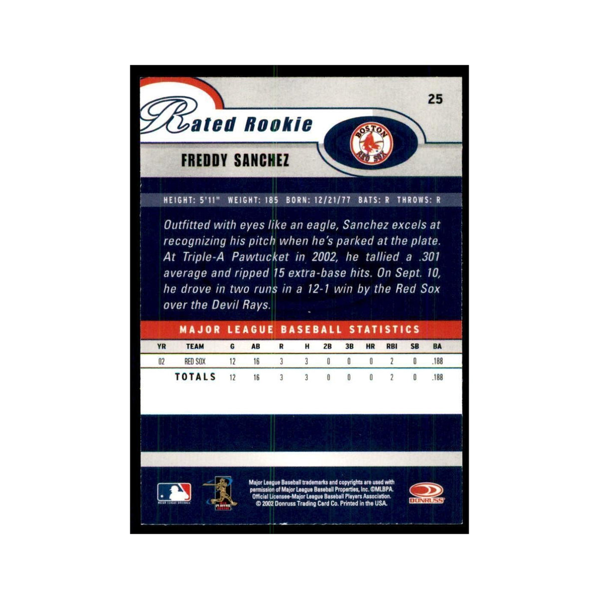 2003 Donruss Freddy Sanchez RC Red Sox #25