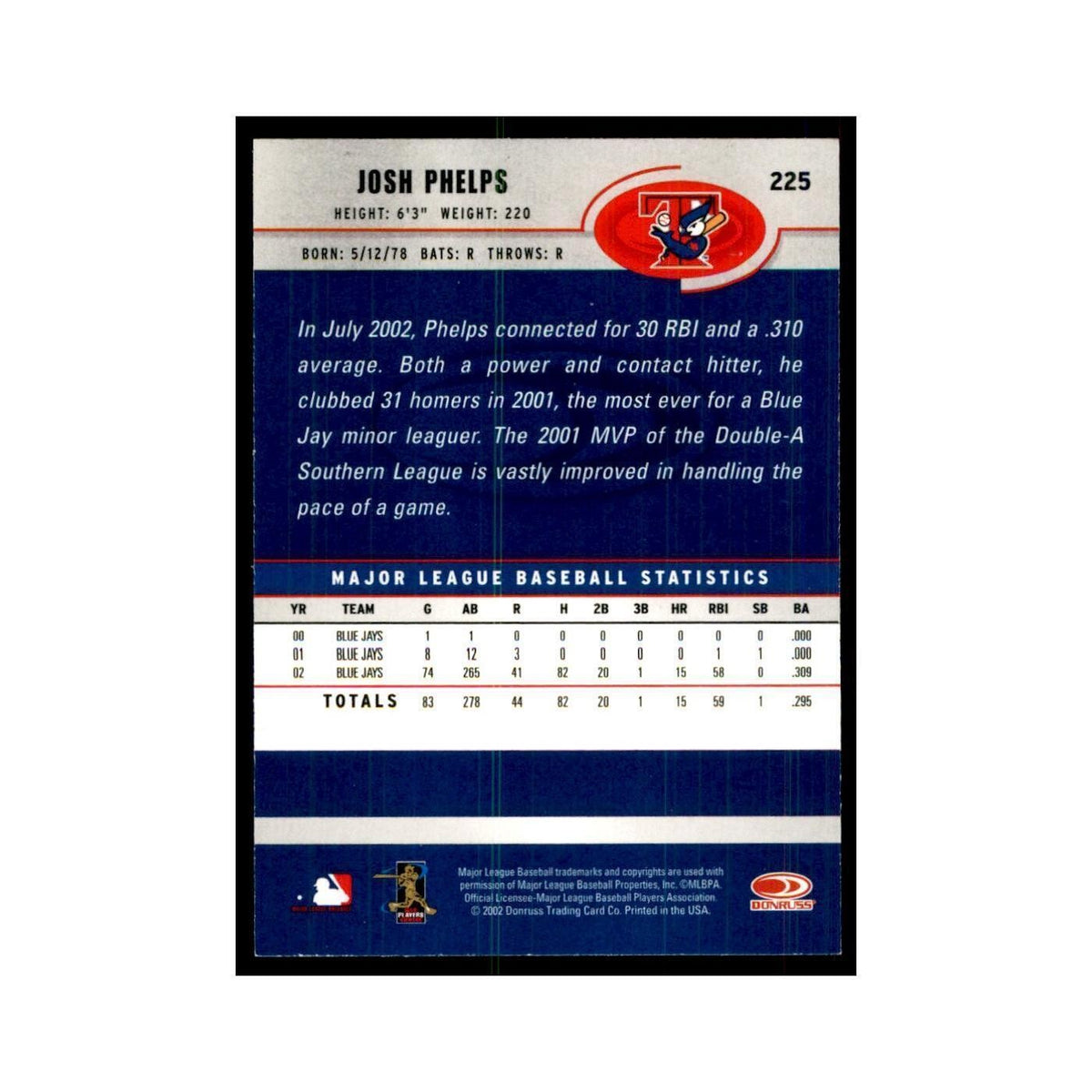 2003 Donruss Josh Phelps Baseball Cards #225