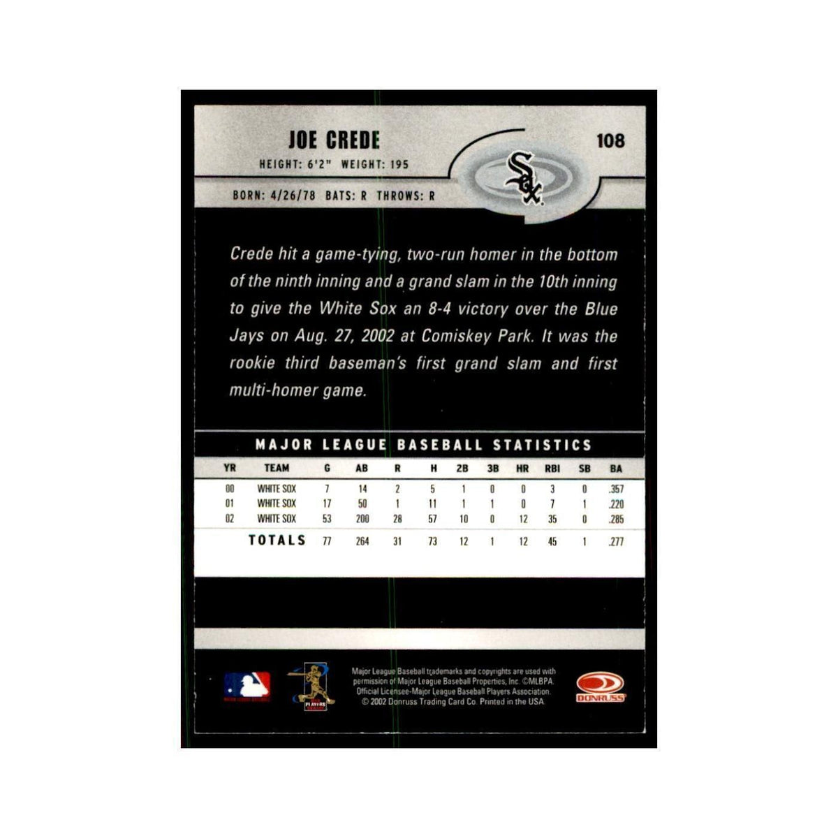 2003 Donruss Joe Crede Baseball Cards #108
