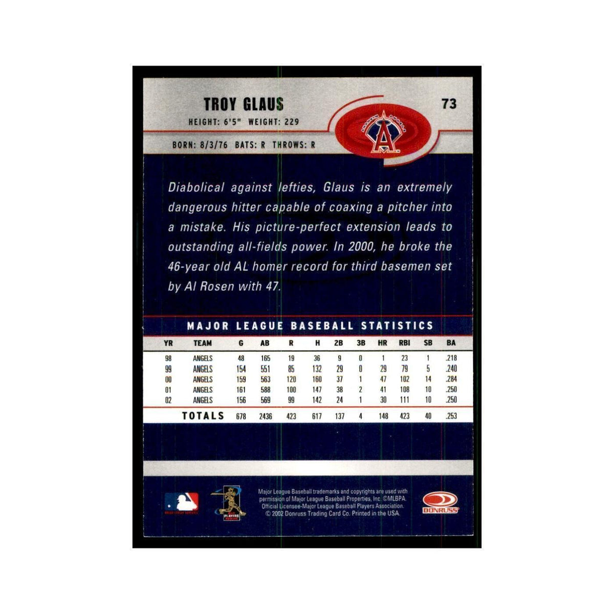 2003 Donruss Troy Glaus Baseball Cards #73