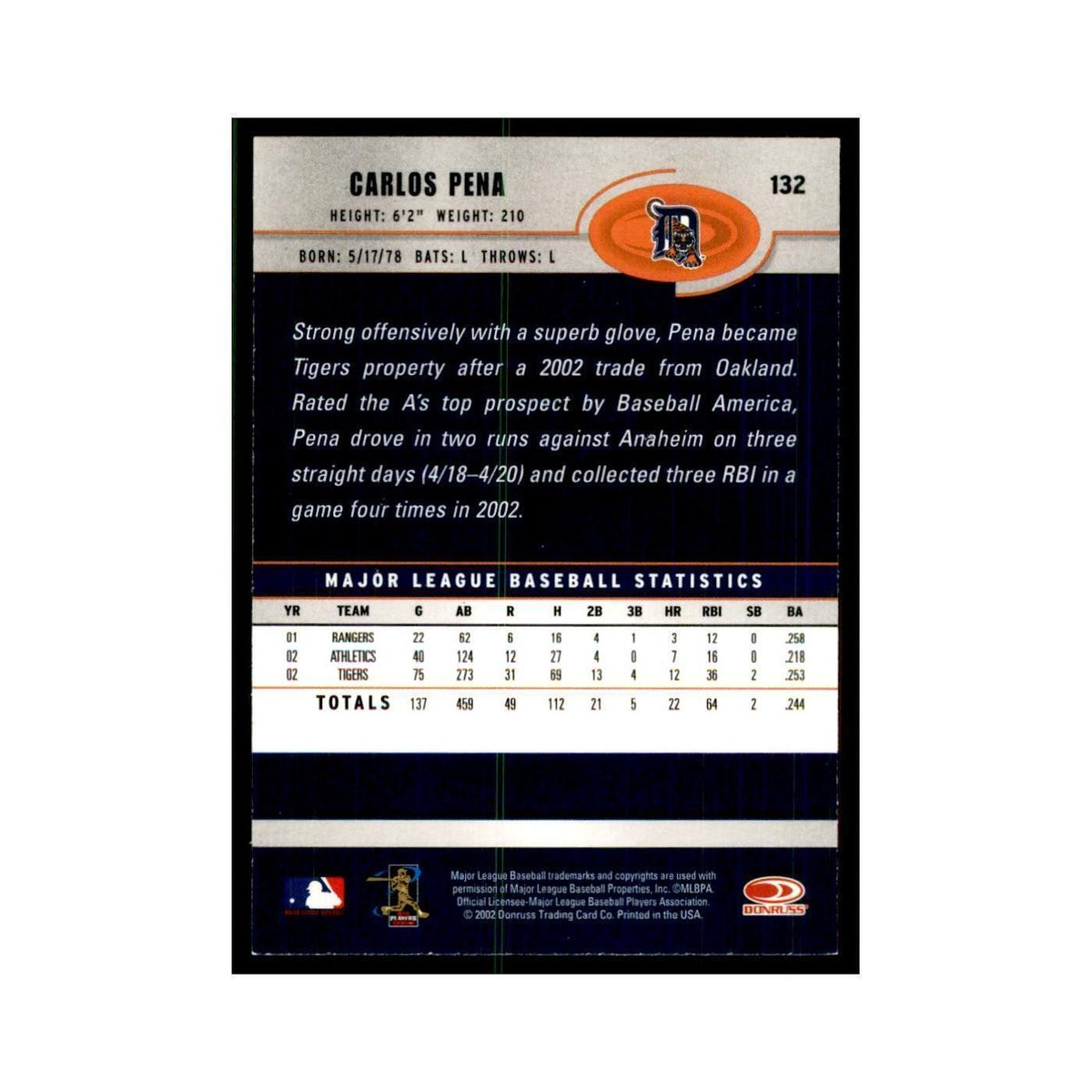 2003 Donruss Carlos Pena Baseball Cards #132