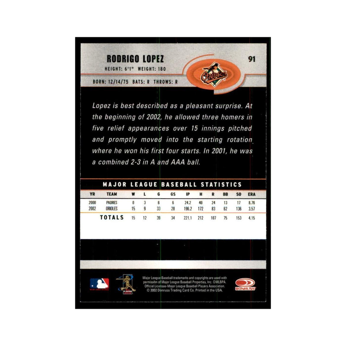2003 Donruss Rodrigo Lopez Baseball Cards #91