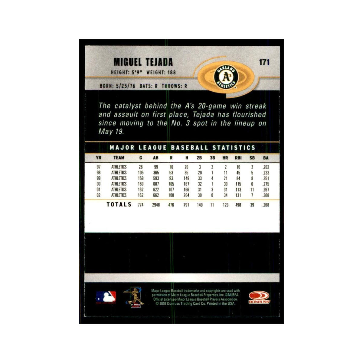 2003 Donruss Miguel Tejada Baseball Cards #171
