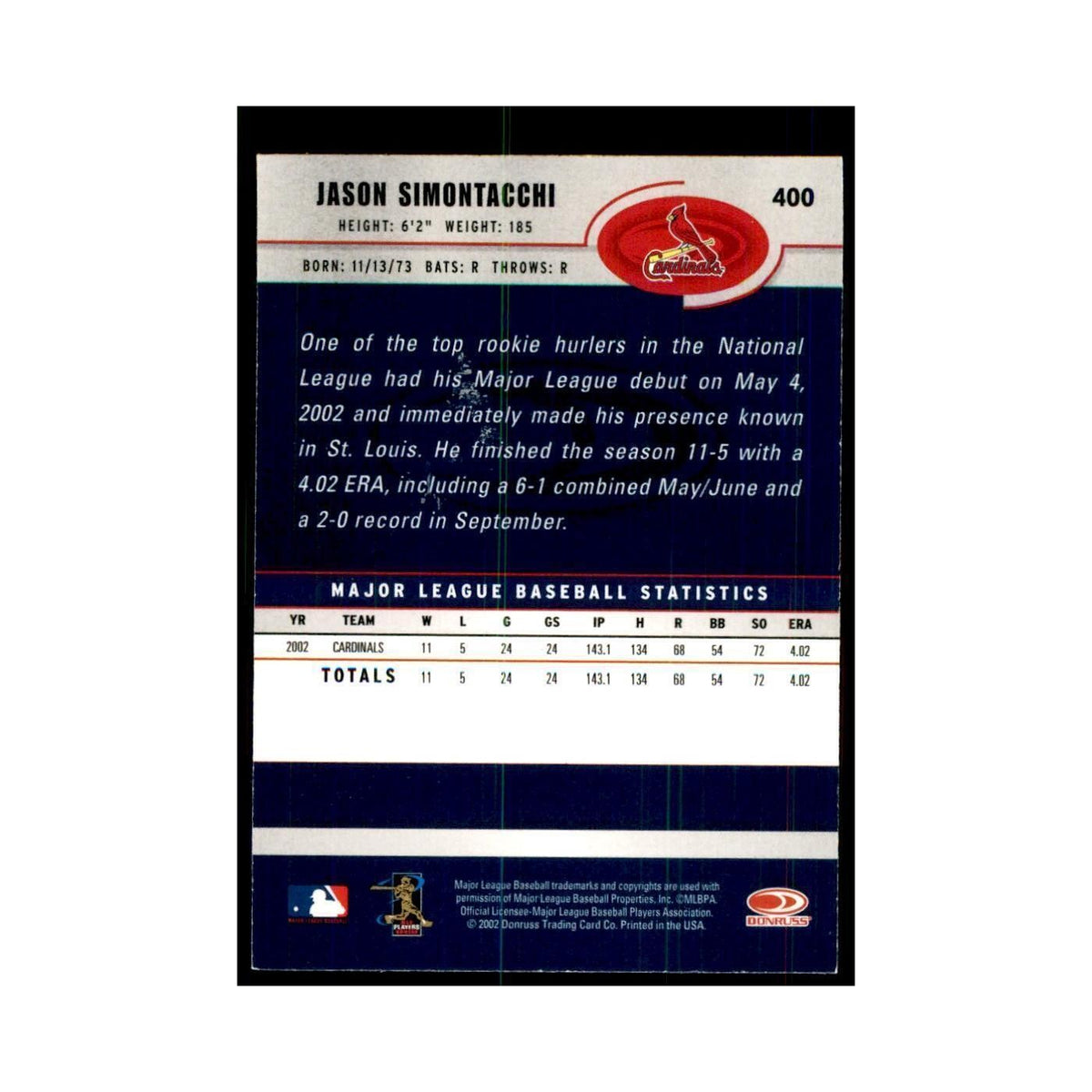 2003 Donruss Jason Simontacchi Baseball Cards #400