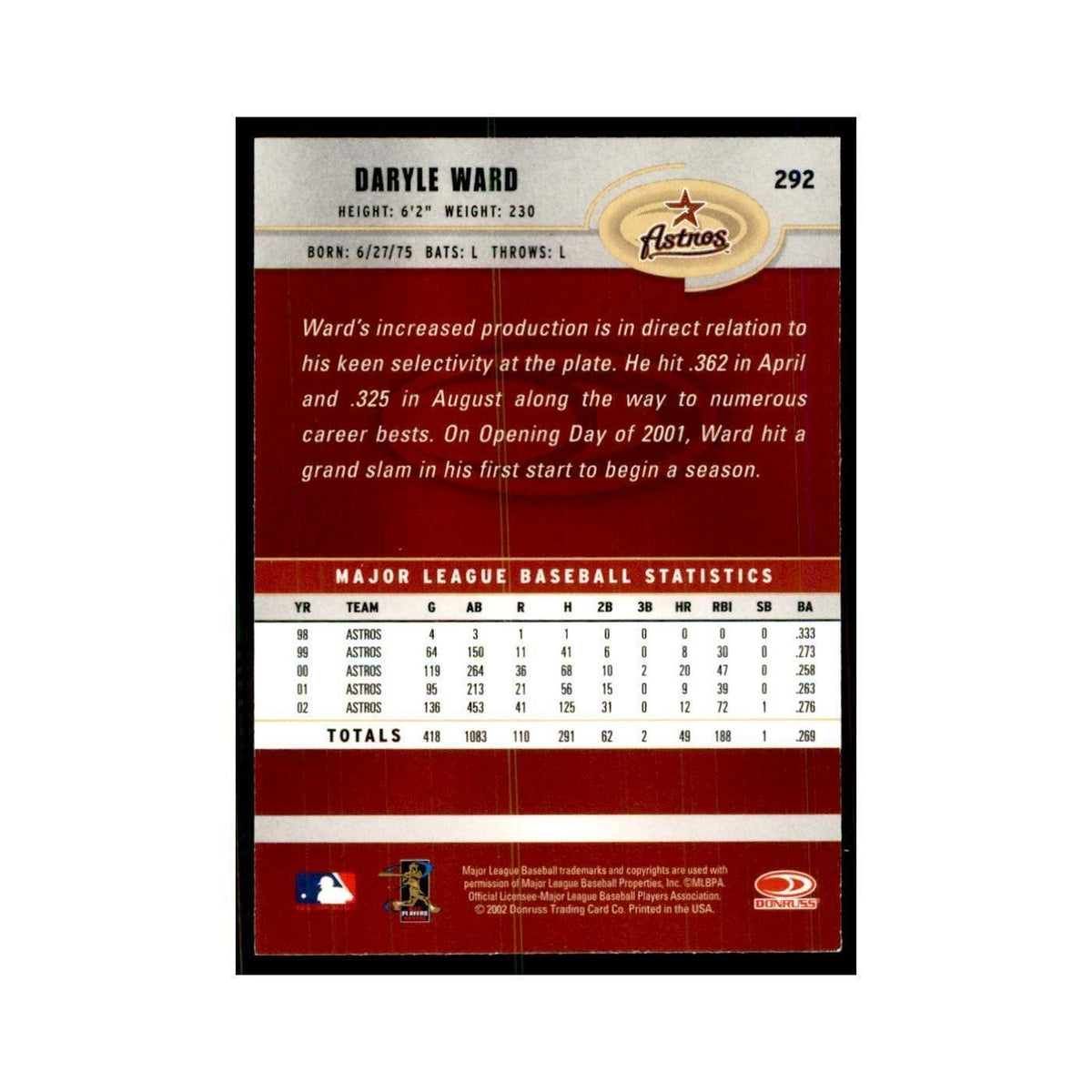 2003 Donruss Daryle Ward Baseball Cards #292
