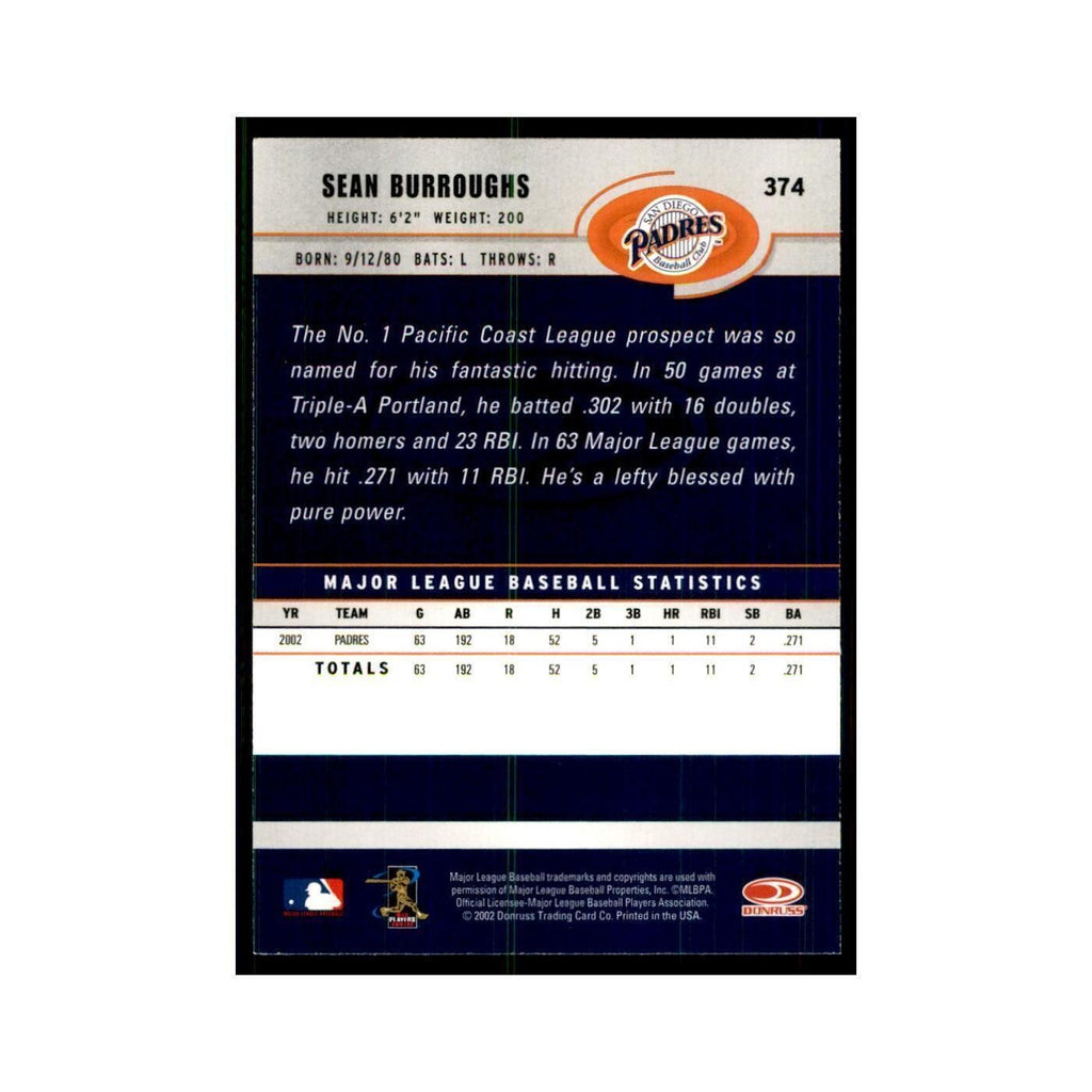 2003 Donruss Sean Burroughs Baseball Cards #374