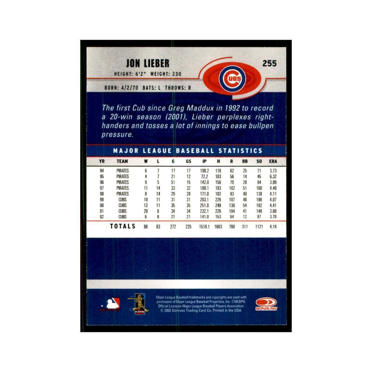 2003 Donruss Jon Lieber Baseball Cards #255