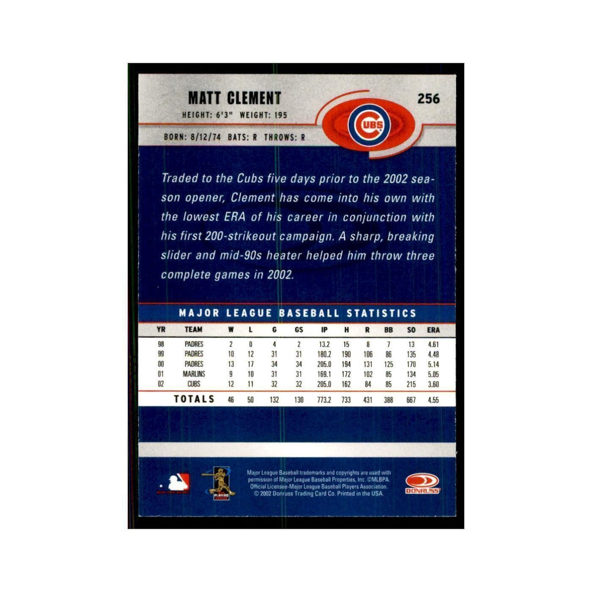 2003 Donruss Matt Clement Baseball Cards #256