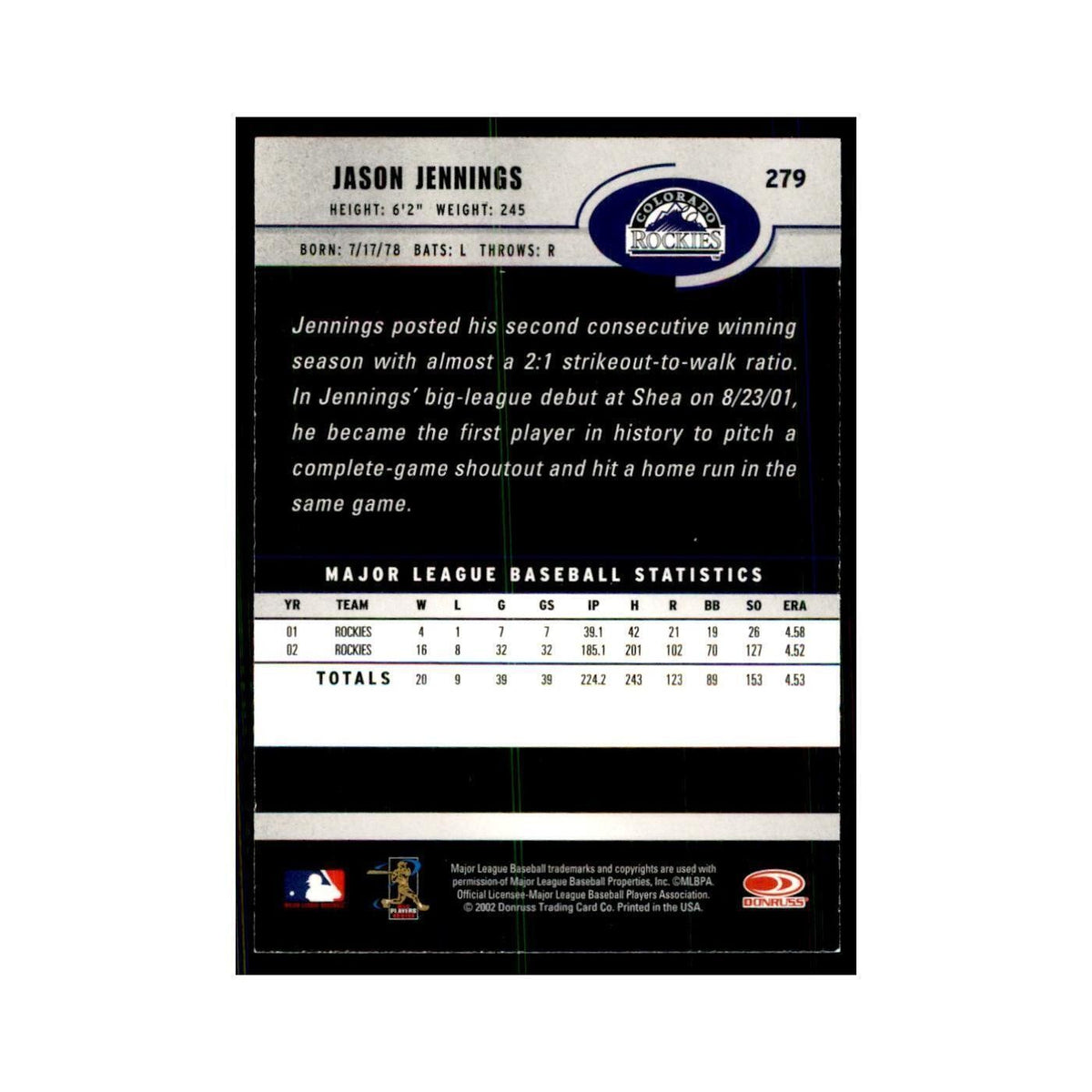 2003 Donruss Jason Jennings Baseball Cards #279