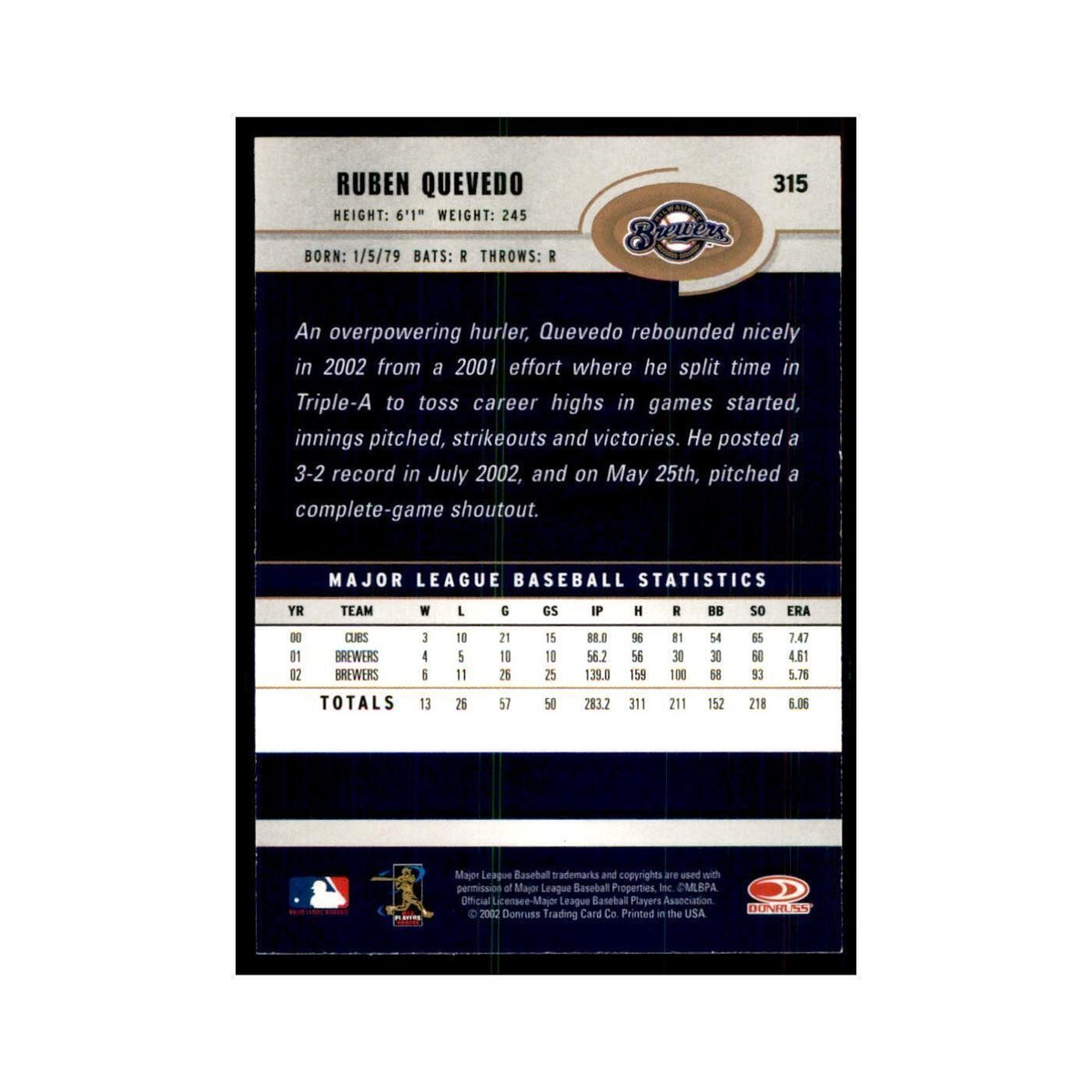 2003 Donruss Ruben Quevedo Baseball Cards #315