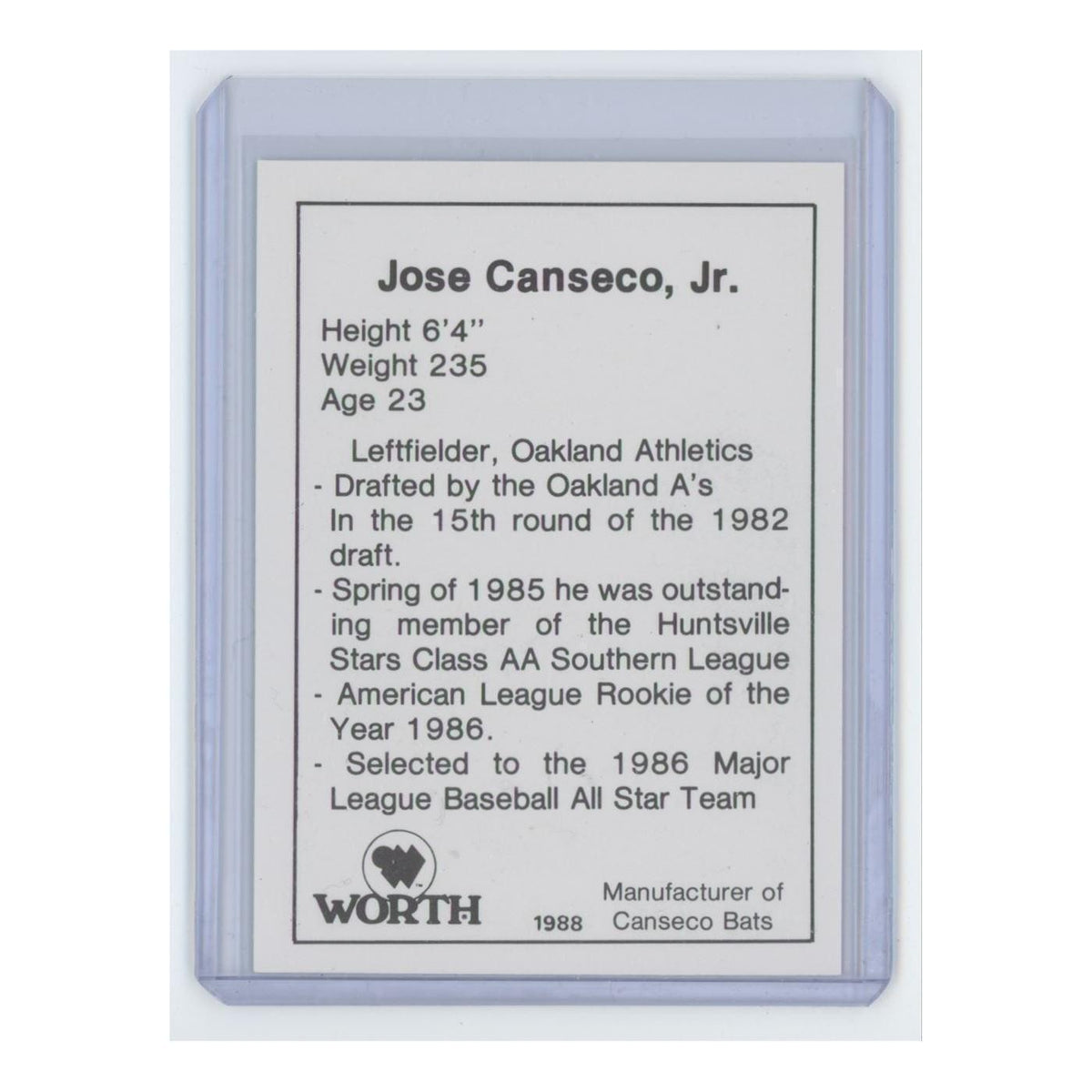 1988 Worth Jose Canseco Athletics #nan