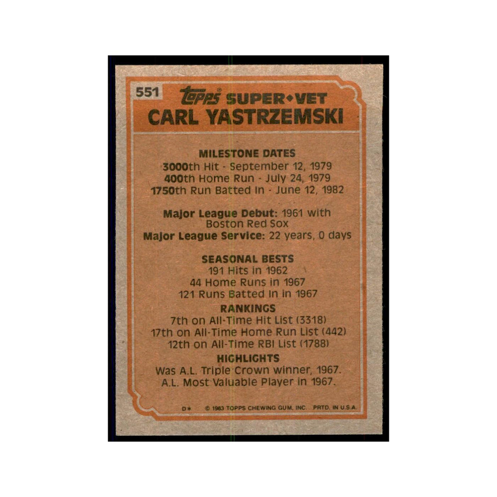 1983 Topps Carl Yastrzemski Baseball Cards #551