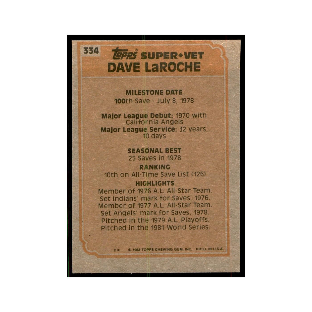 1983 Topps Dave LaRoche Baseball Cards #334