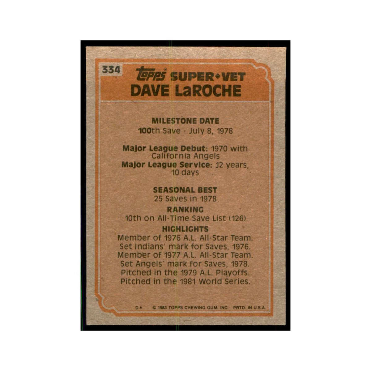 1983 Topps Dave LaRoche Baseball Cards #334