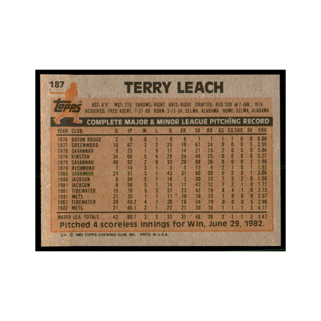 1983 Topps Terry Leach Baseball Cards #187