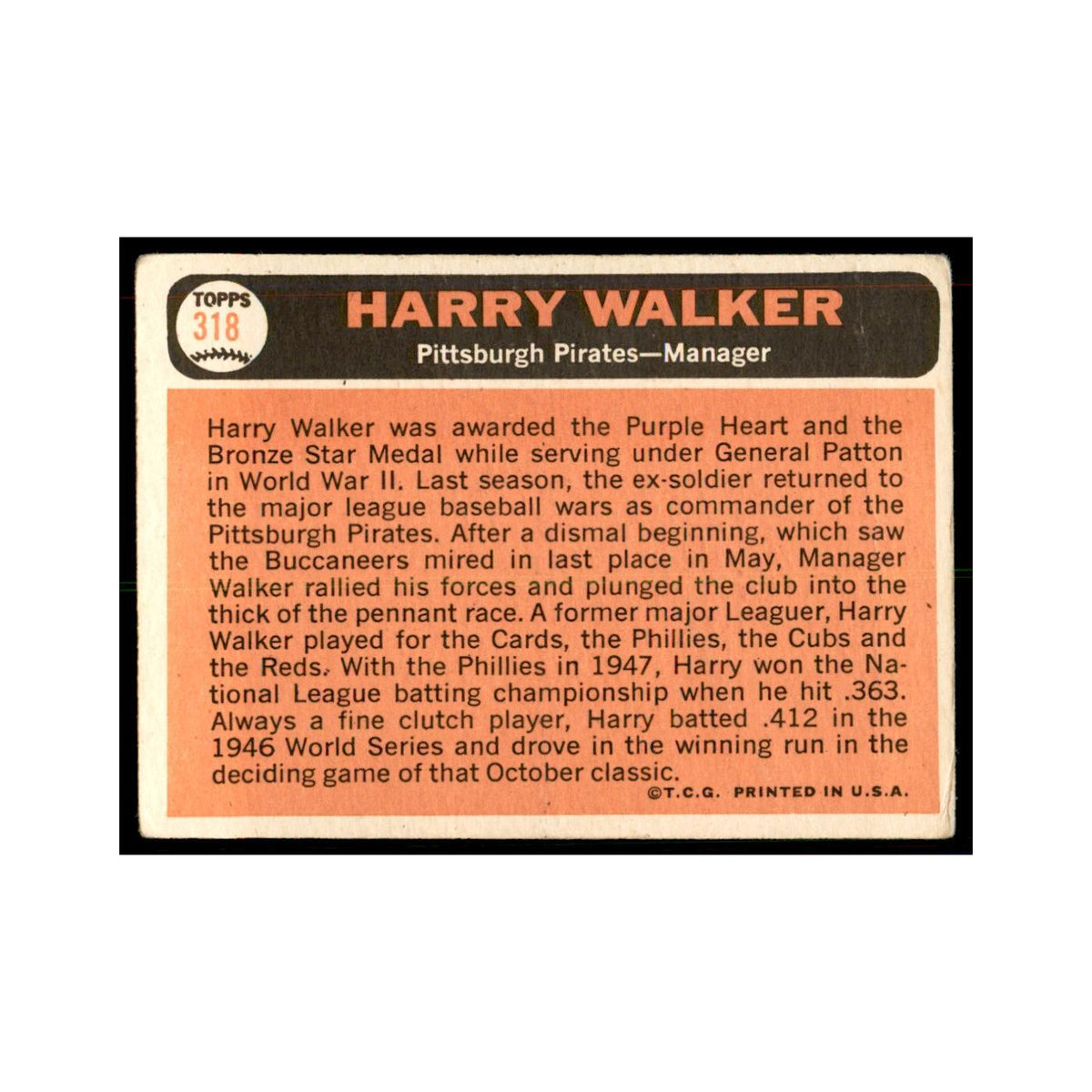1966 Topps (Damaged) Harry Walker Baseball Cards #318
