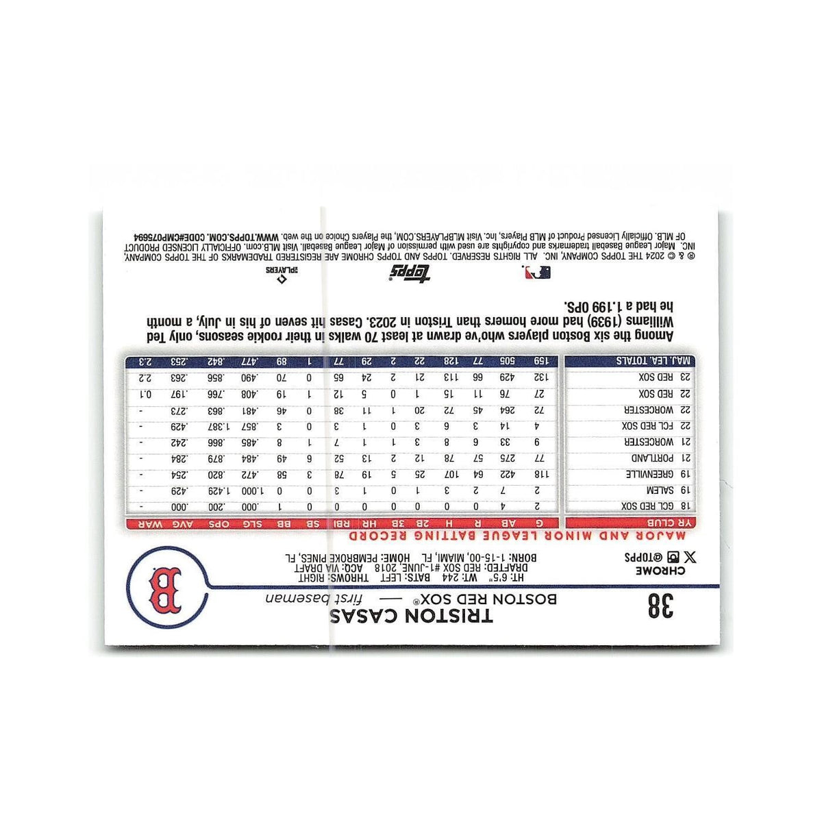 Triston Casas 2024 Topps Chrome #38 Boston Red Sox Baseball Card NM