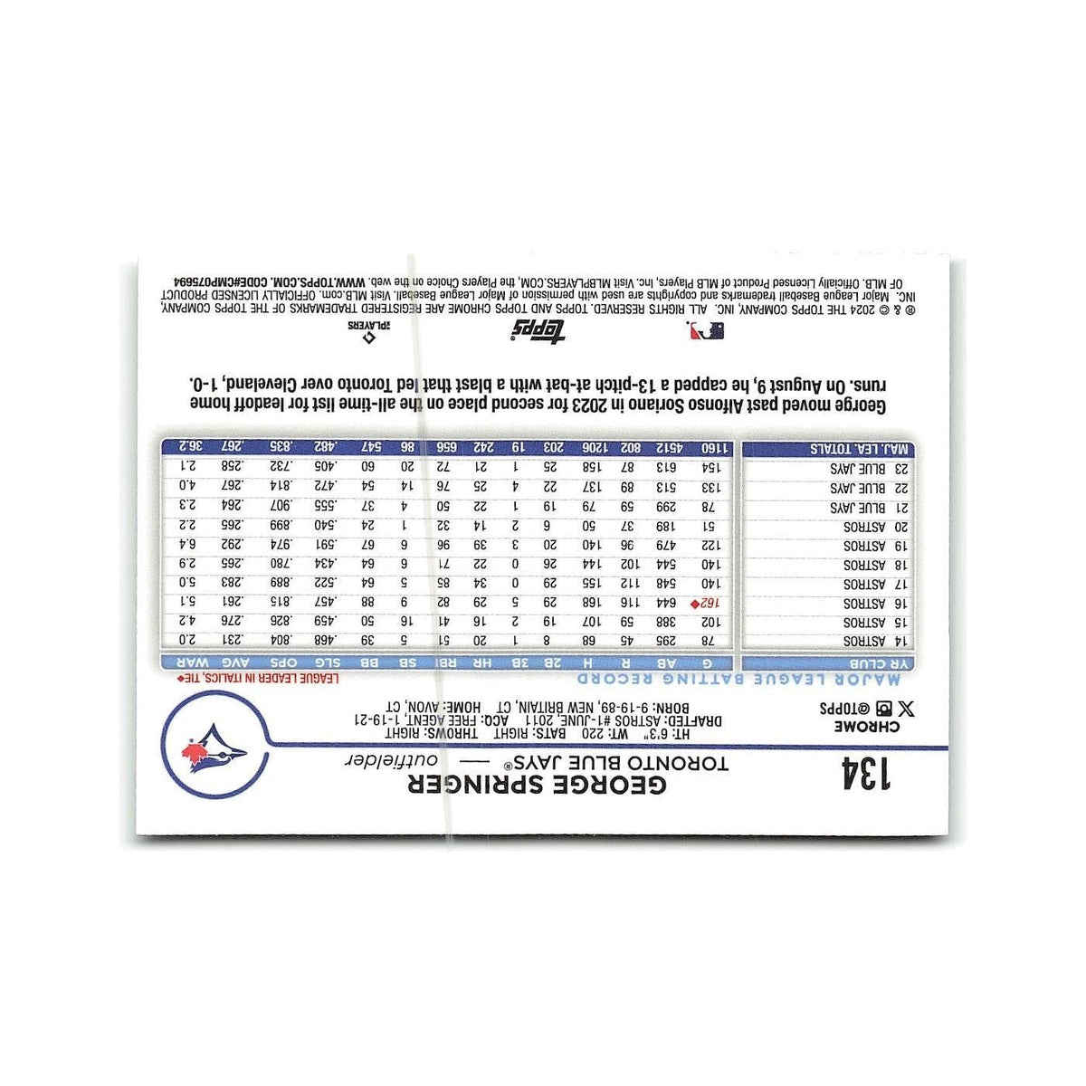 George Springer 2024 Topps Chrome #134 Toronto Blue Jays Baseball Card NM