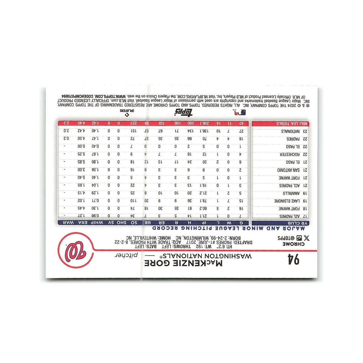 MacKenzie Gore 2024 Topps Chrome #94 Washington Nationals Baseball Card NM