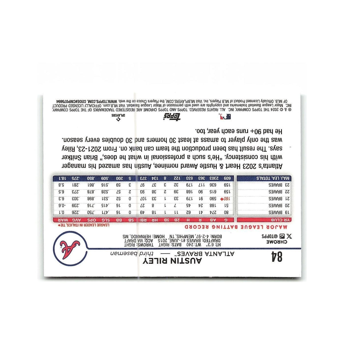 Austin Riley 2024 Topps Chrome #84 Atlanta Braves Baseball Card NM
