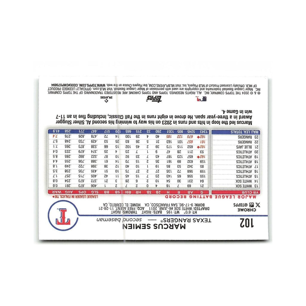 Marcus Semien 2024 Topps Chrome #102 Texas Rangers Baseball Card NM