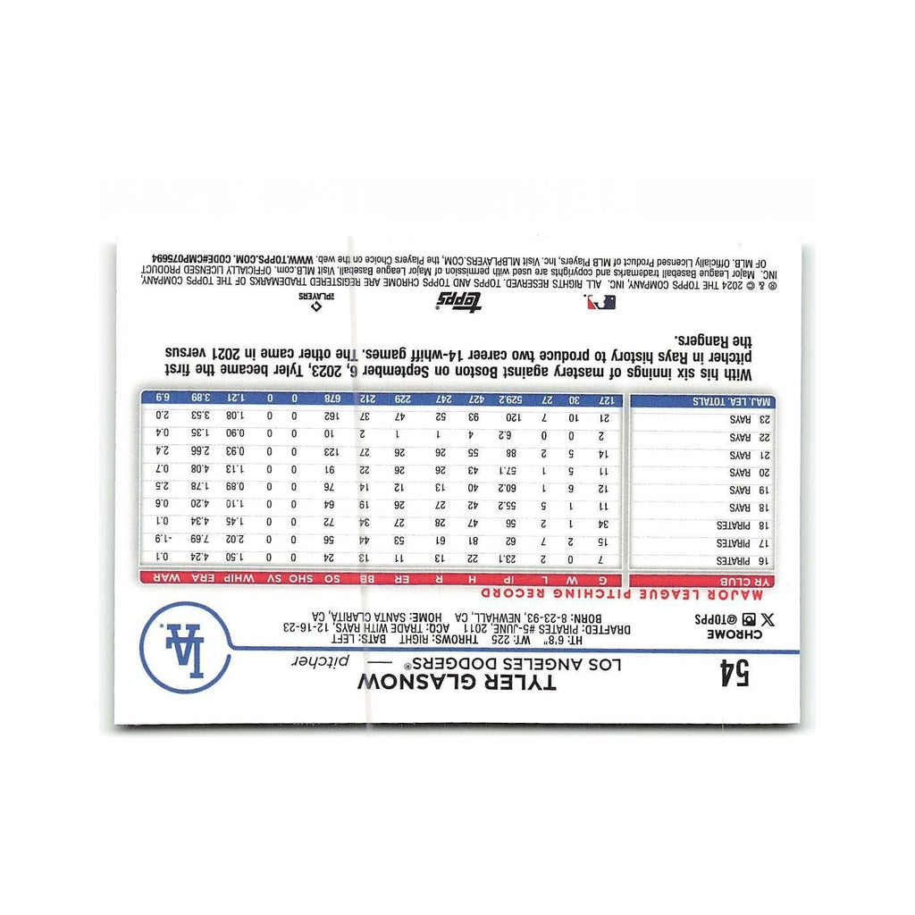 Tyler Glasnow 2024 Topps Chrome #54 Los Angeles Dodgers Baseball Card NM