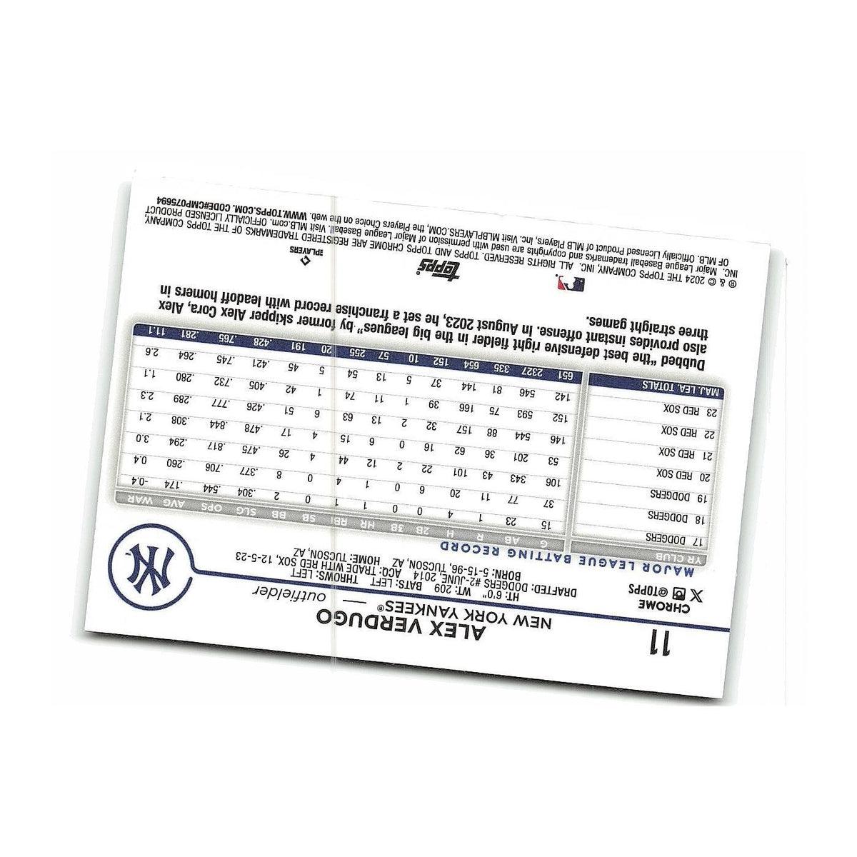 Alex Verdugo 2024 Topps Chrome #11 New York Yankees Baseball Card NM