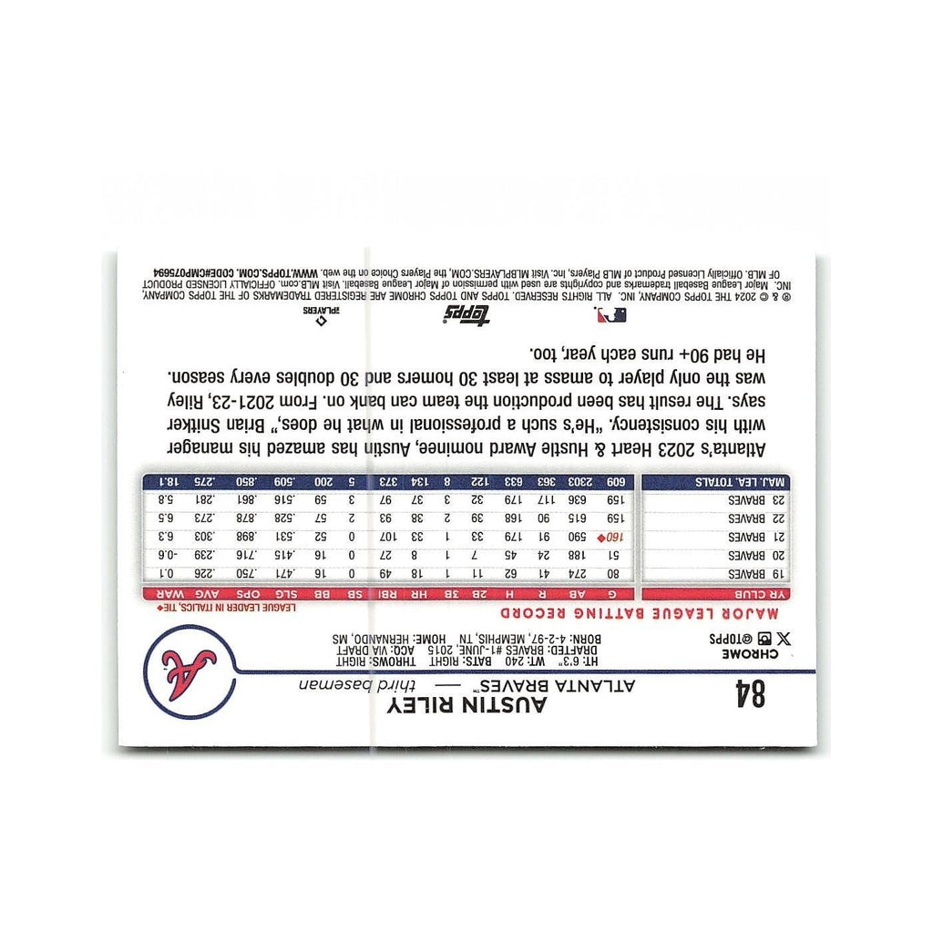 Austin Riley 2024 Topps Chrome #84 Atlanta Braves Baseball Card NM
