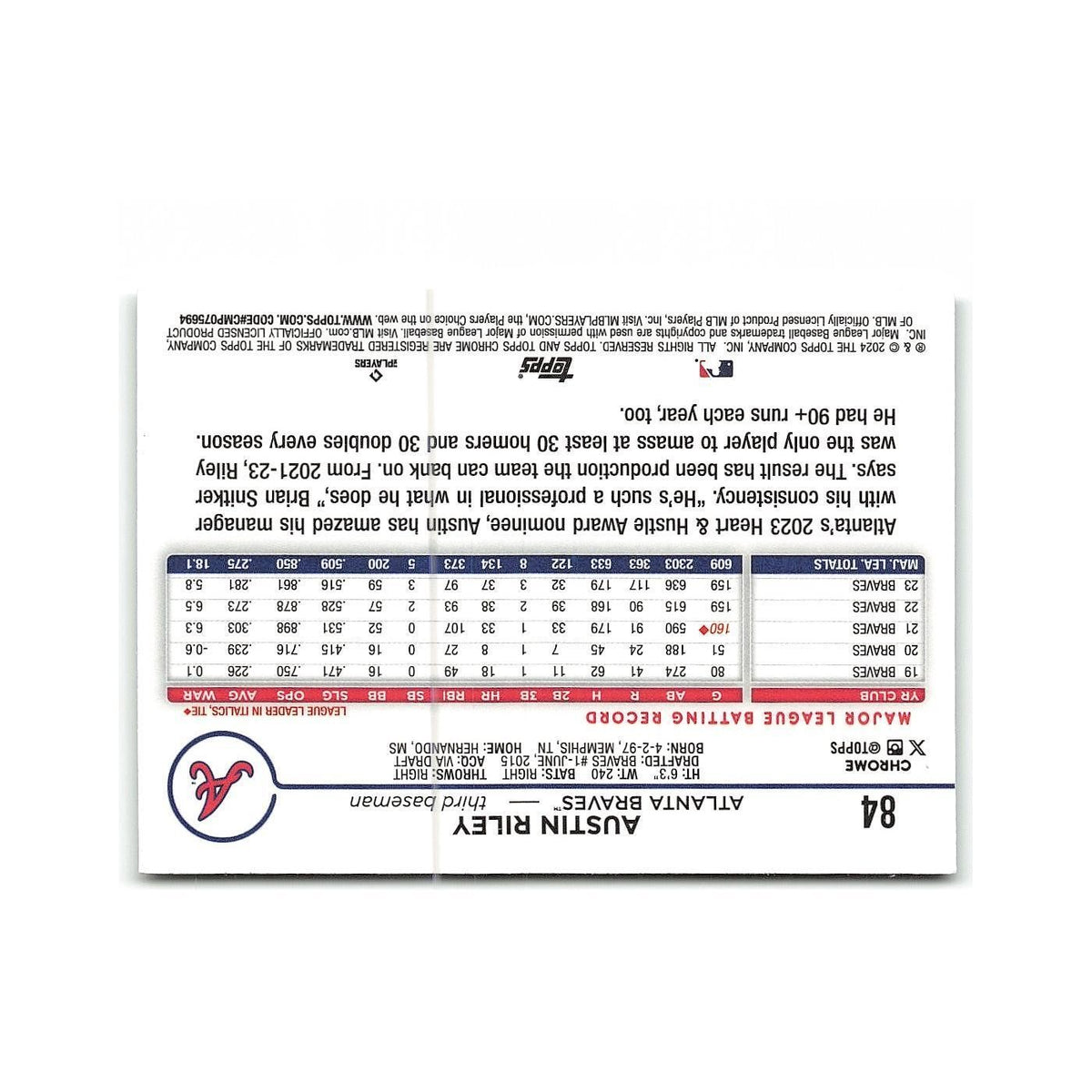 Austin Riley 2024 Topps Chrome #84 Atlanta Braves Baseball Card NM