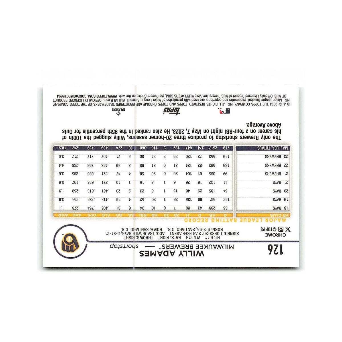 Willy Adames 2024 Topps Chrome #126 Milwaukee Brewers Baseball Card NM