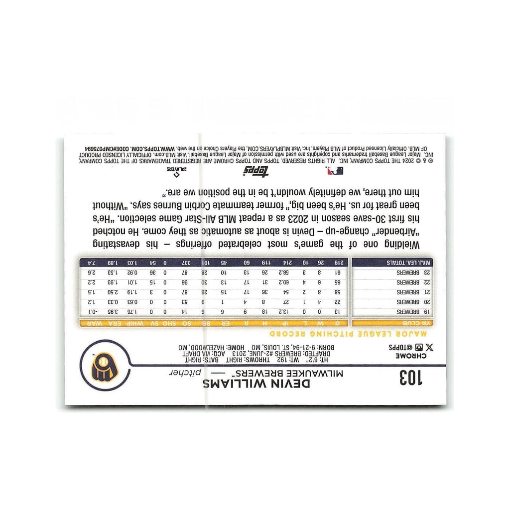 Devin Williams 2024 Topps Chrome #103 Milwaukee Brewers Baseball Card NM