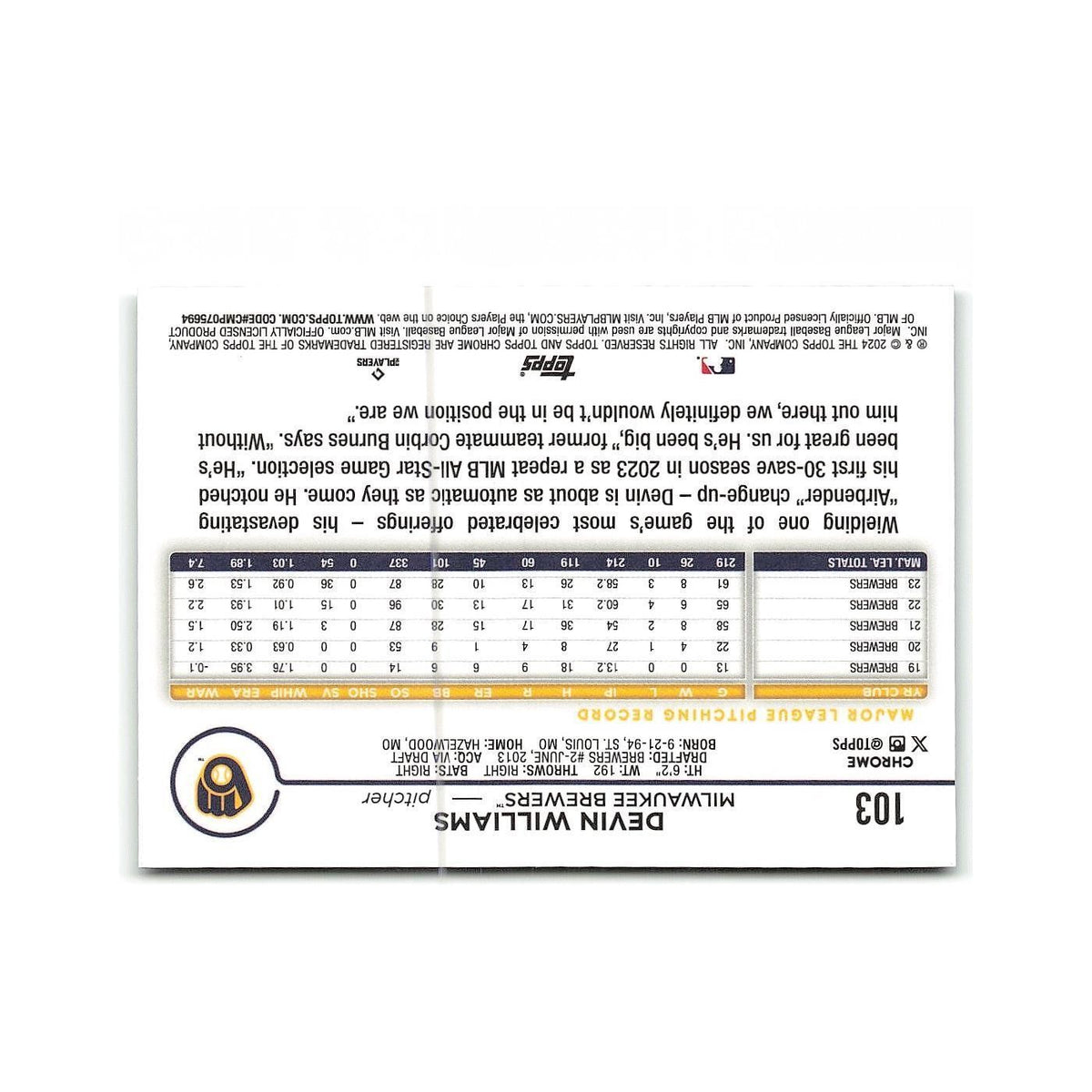 Devin Williams 2024 Topps Chrome #103 Milwaukee Brewers Baseball Card NM