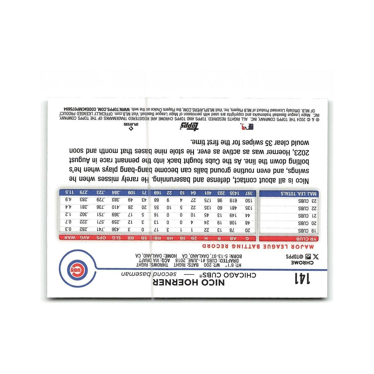 Nico Hoerner 2024 Topps Chrome #141 Chicago Cubs Baseball Card NM