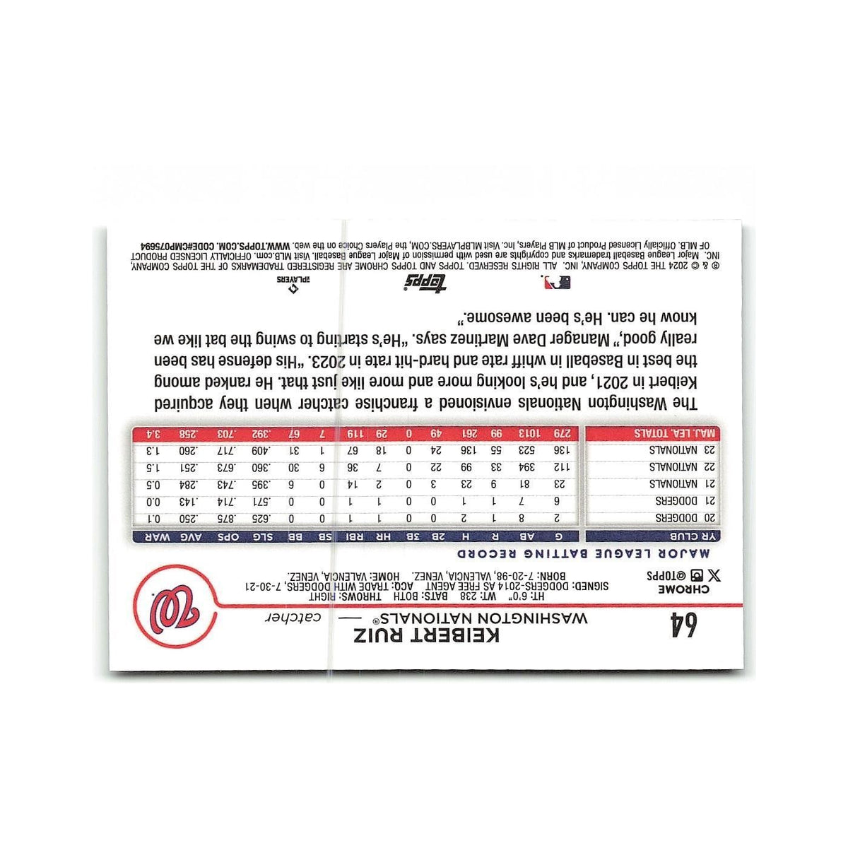 Keibert Ruiz 2024 Topps Chrome #64 Washington Nationals Baseball Card NM