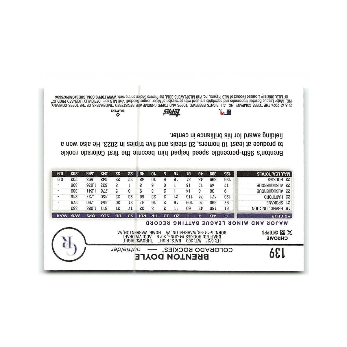 Brenton Doyle 2024 Topps Chrome #139 Colorado Rockies Baseball Card NM