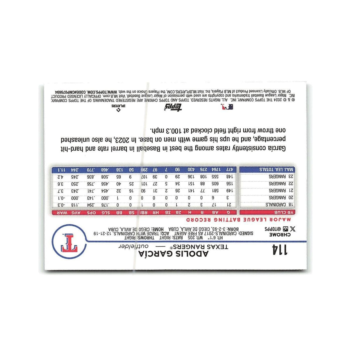 Adolis García 2024 Topps Chrome #114 Texas Rangers Baseball Card NM