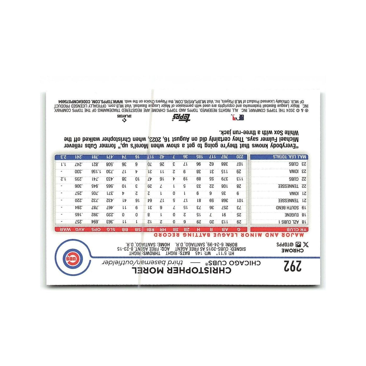 Christopher Morel 2024 Topps Chrome #292 Chicago Cubs Baseball Card NM